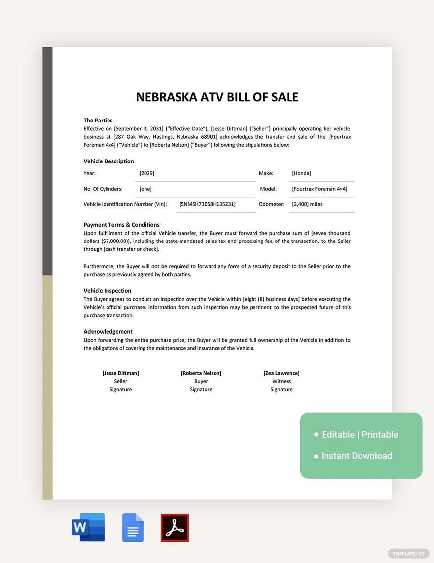 Nebraska ATV Bill Of Sale Template