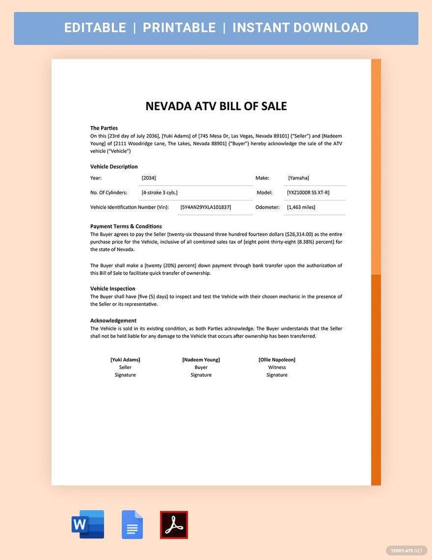Nevada ATV Bill Of Sale Template