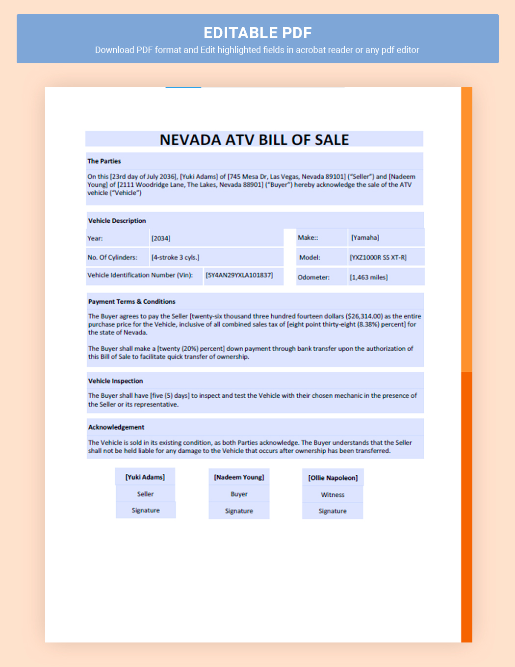 Nevada ATV Bill Of Sale Template