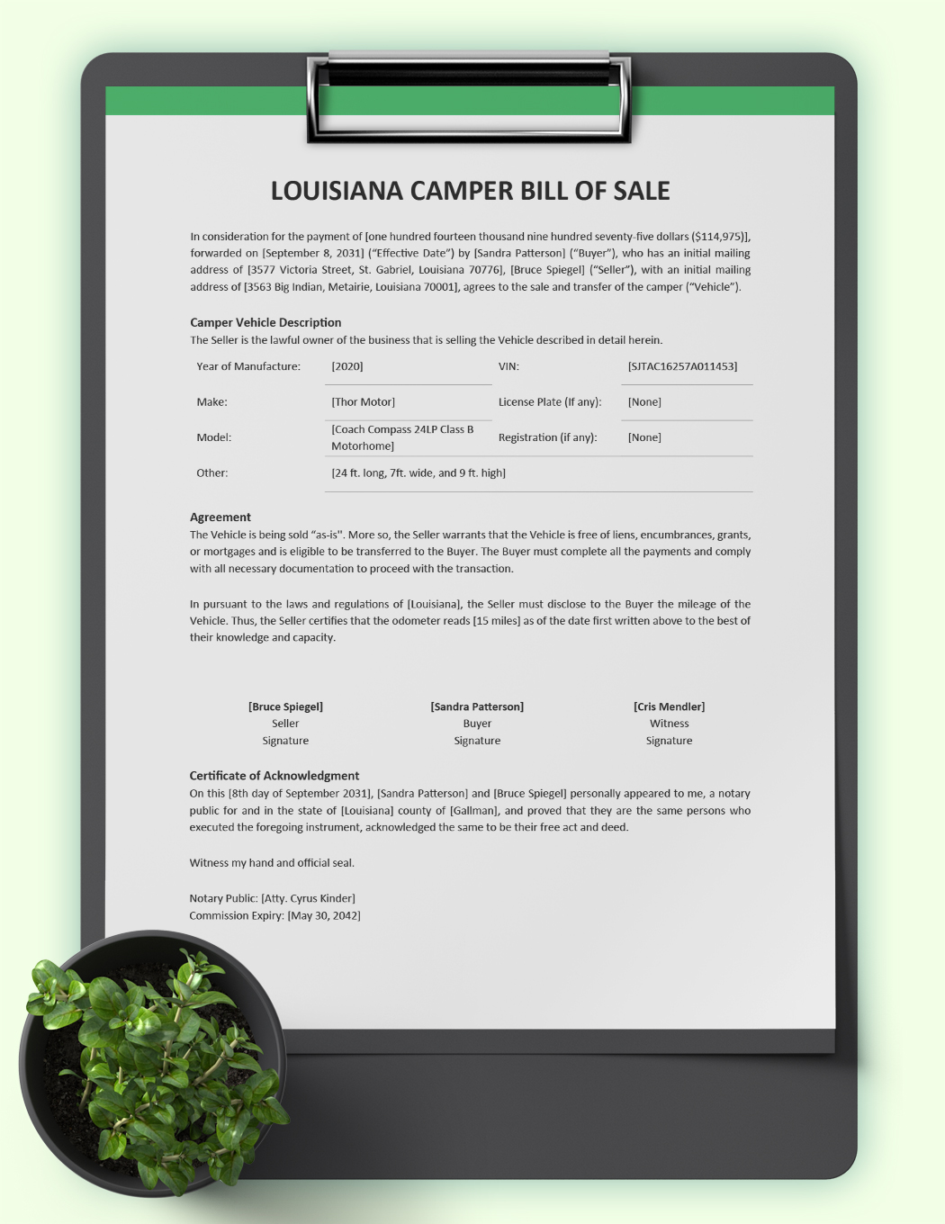 Louisiana Camper Bill of Sale Template