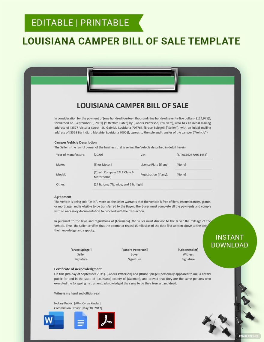 Louisiana Camper Bill Of Sale Template Download In Word Google Docs PDF Template