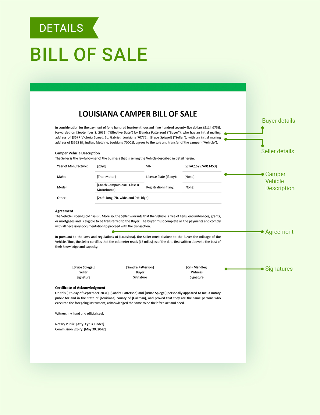 Louisiana Camper Bill of Sale Template