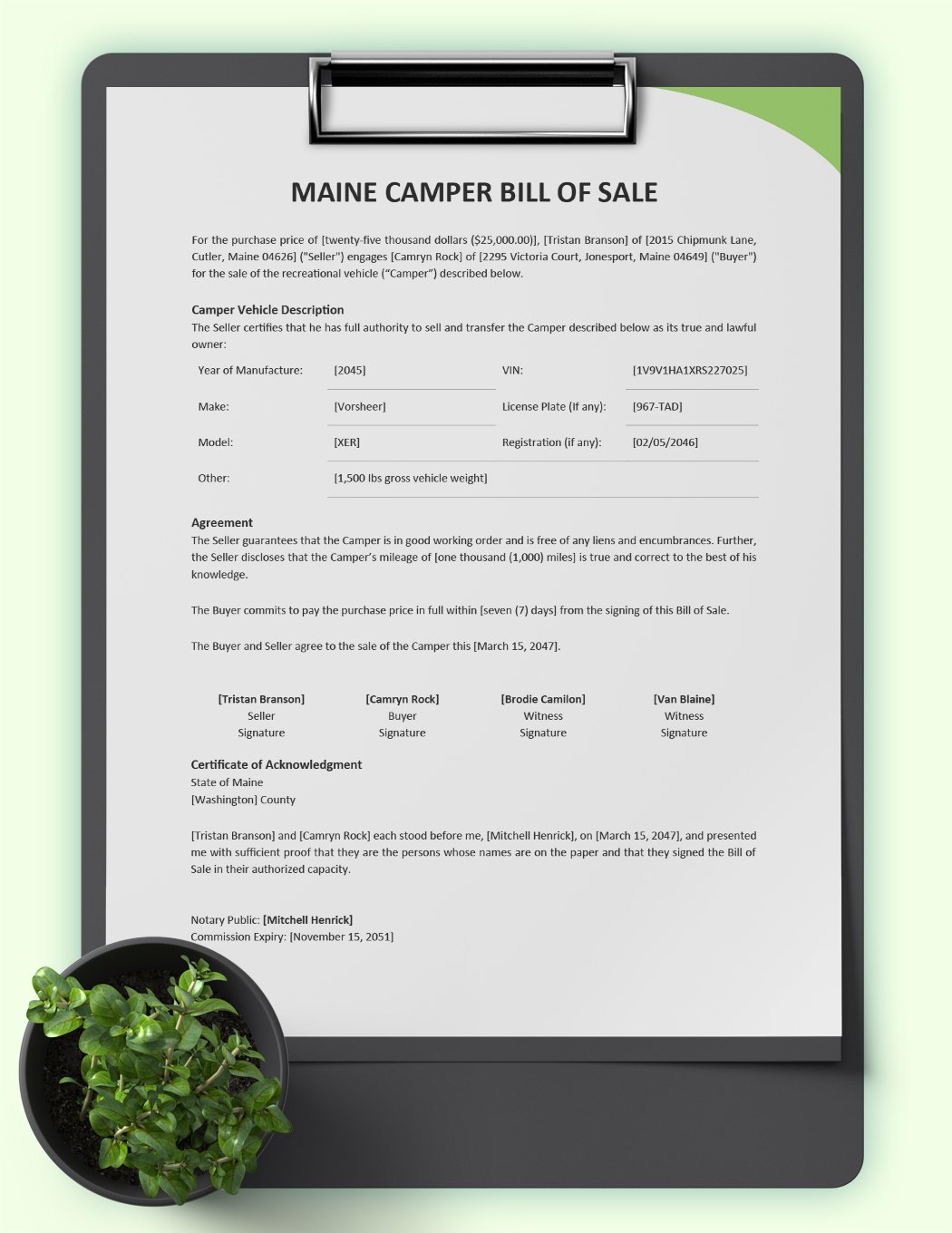 Maine Camper Bill of Sale Template