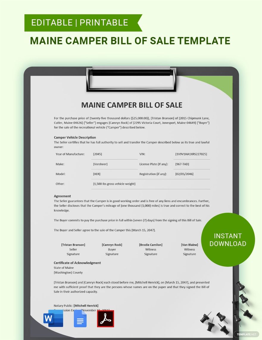 Maine Camper Bill of Sale Template in Google Docs PDF Word Download