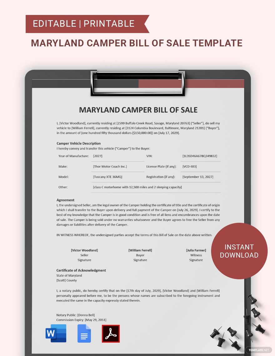 Maryland Camper Bill of Sale Template