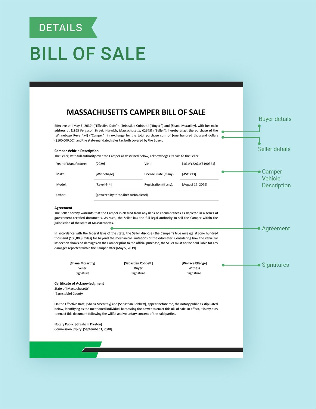 Massachusetts Camper Bill of Sale Template