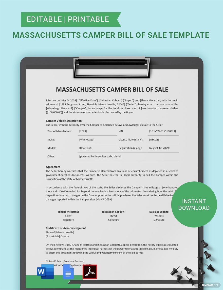 Massachusetts Camper Bill of Sale Template