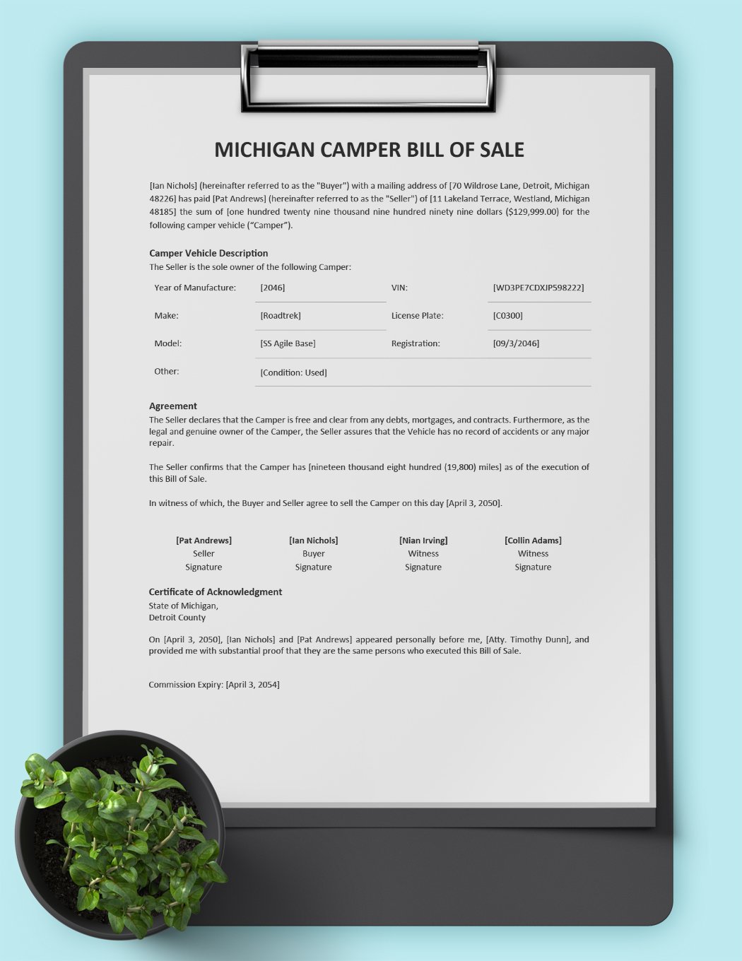 Michigan Camper Bill of Sale Template