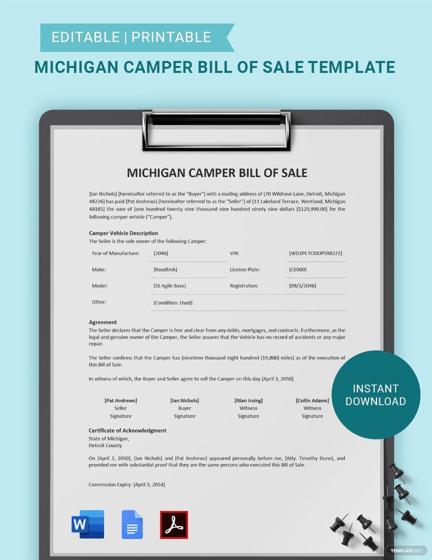 Michigan Camper Bill of Sale Template