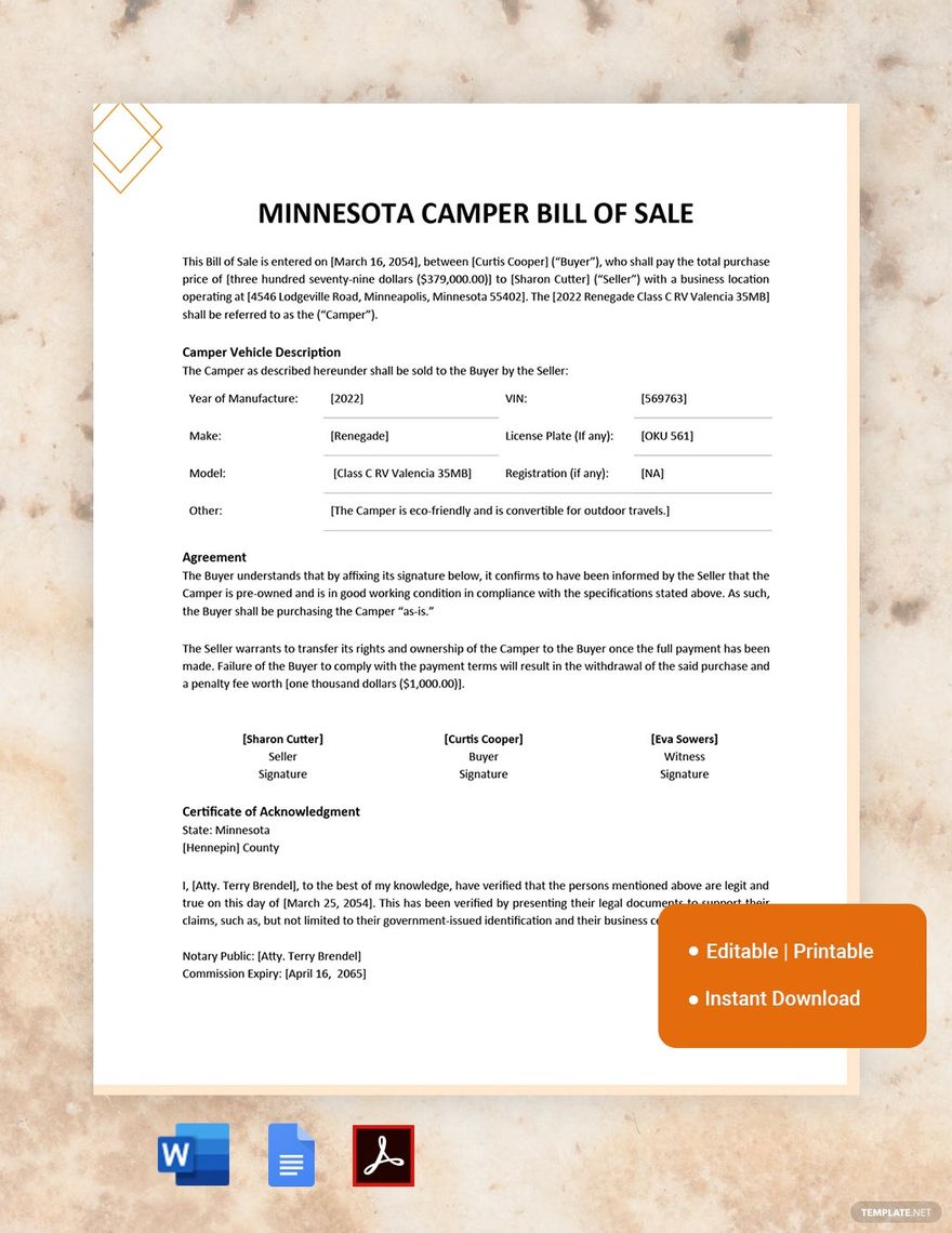 Minnesota Camper Bill of Sale Template