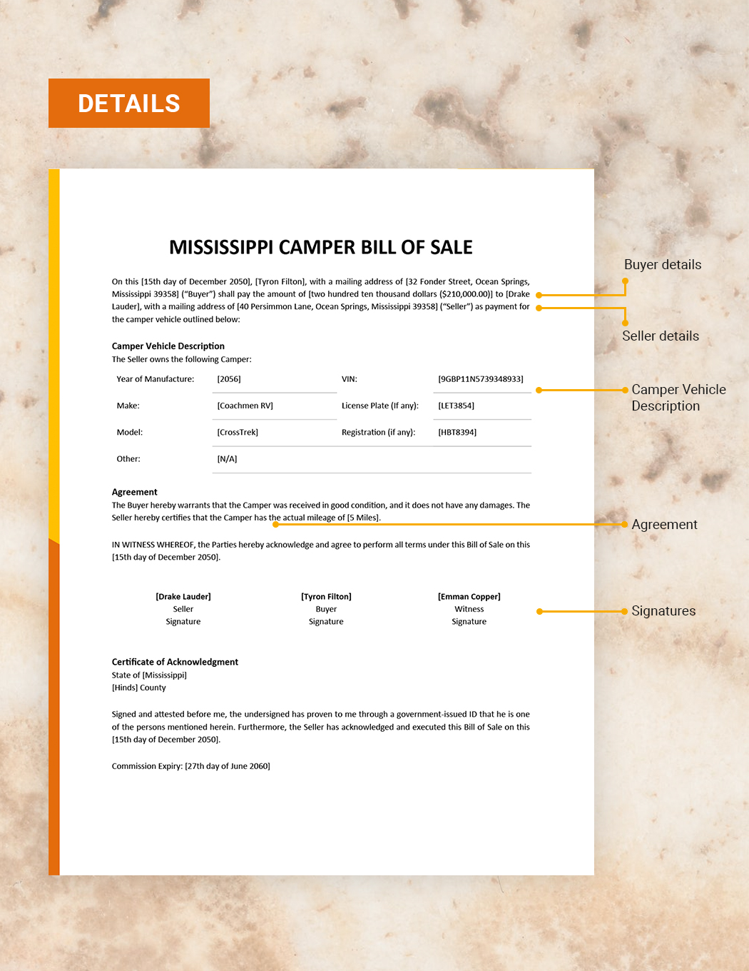 Mississippi Camper Bill of Sale Template
