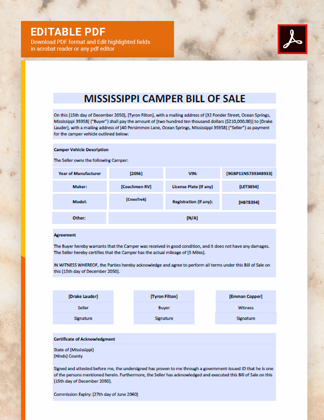 Mississippi Camper Bill of Sale Template