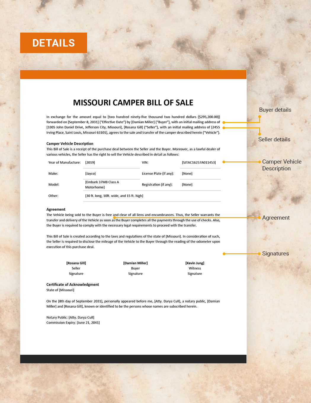 Missouri Camper Bill of Sale Template