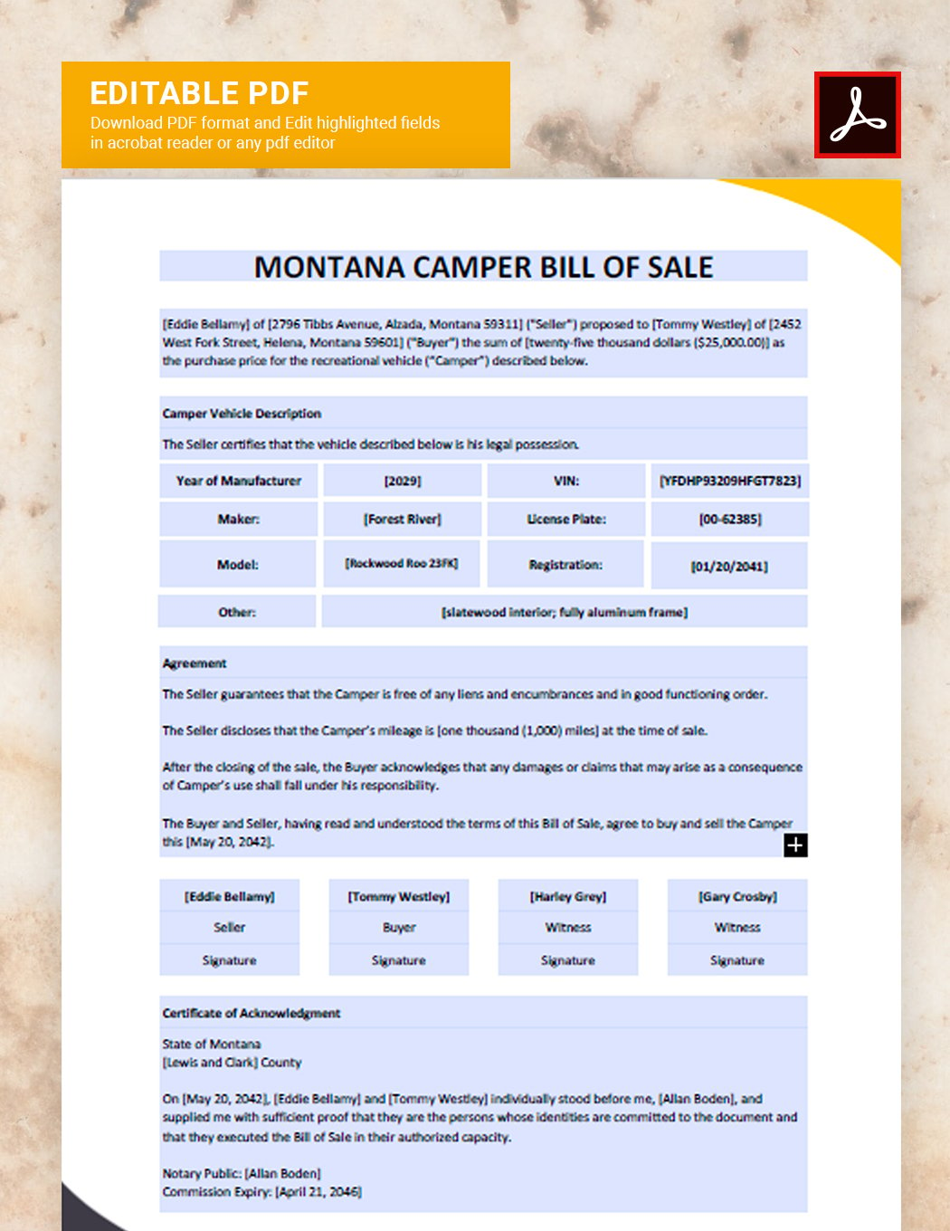 Montana Camper Bill of Sale Template