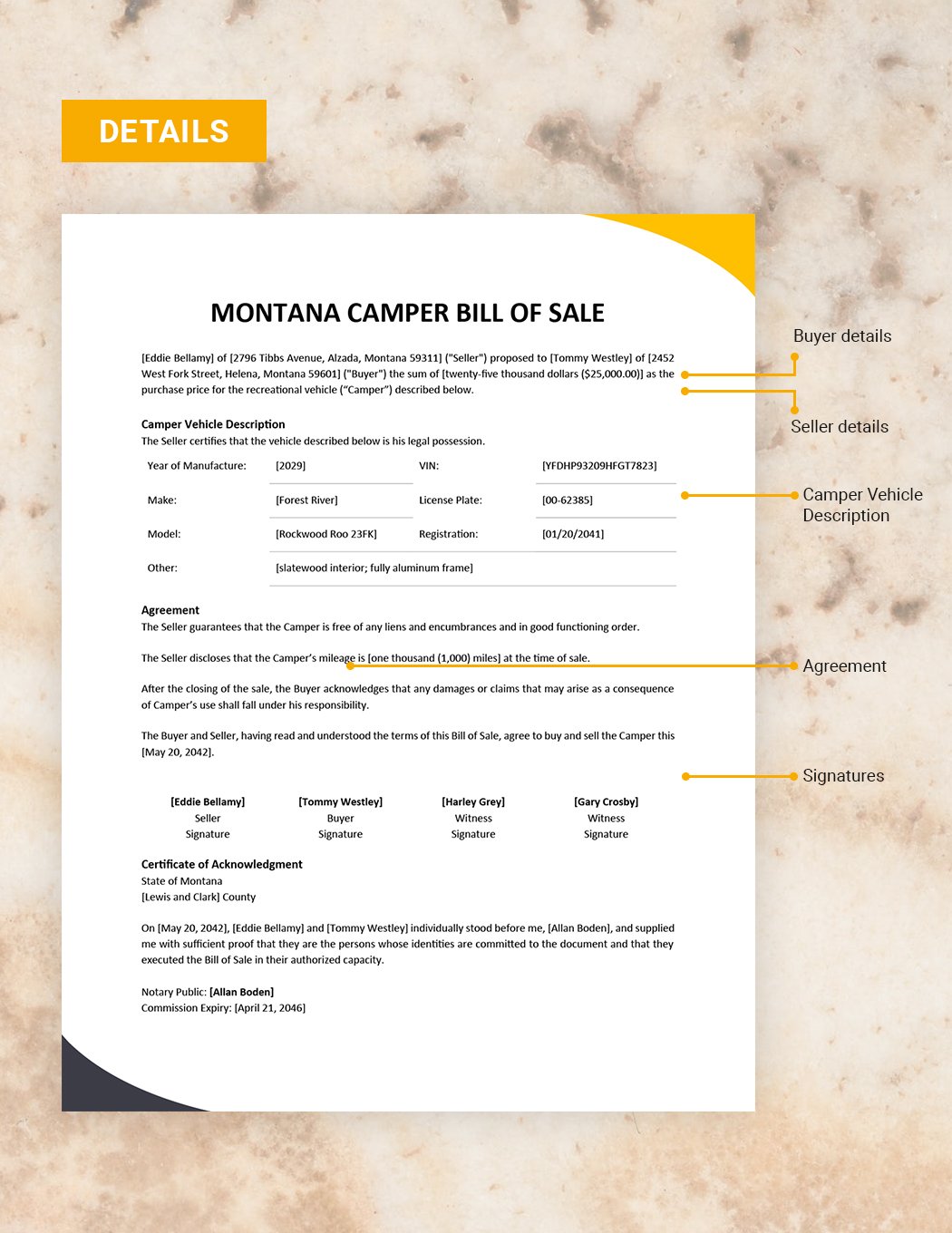 Montana Camper Bill of Sale Template