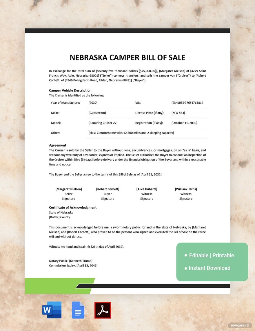 Nebraska Camper Bill of Sale Form Template