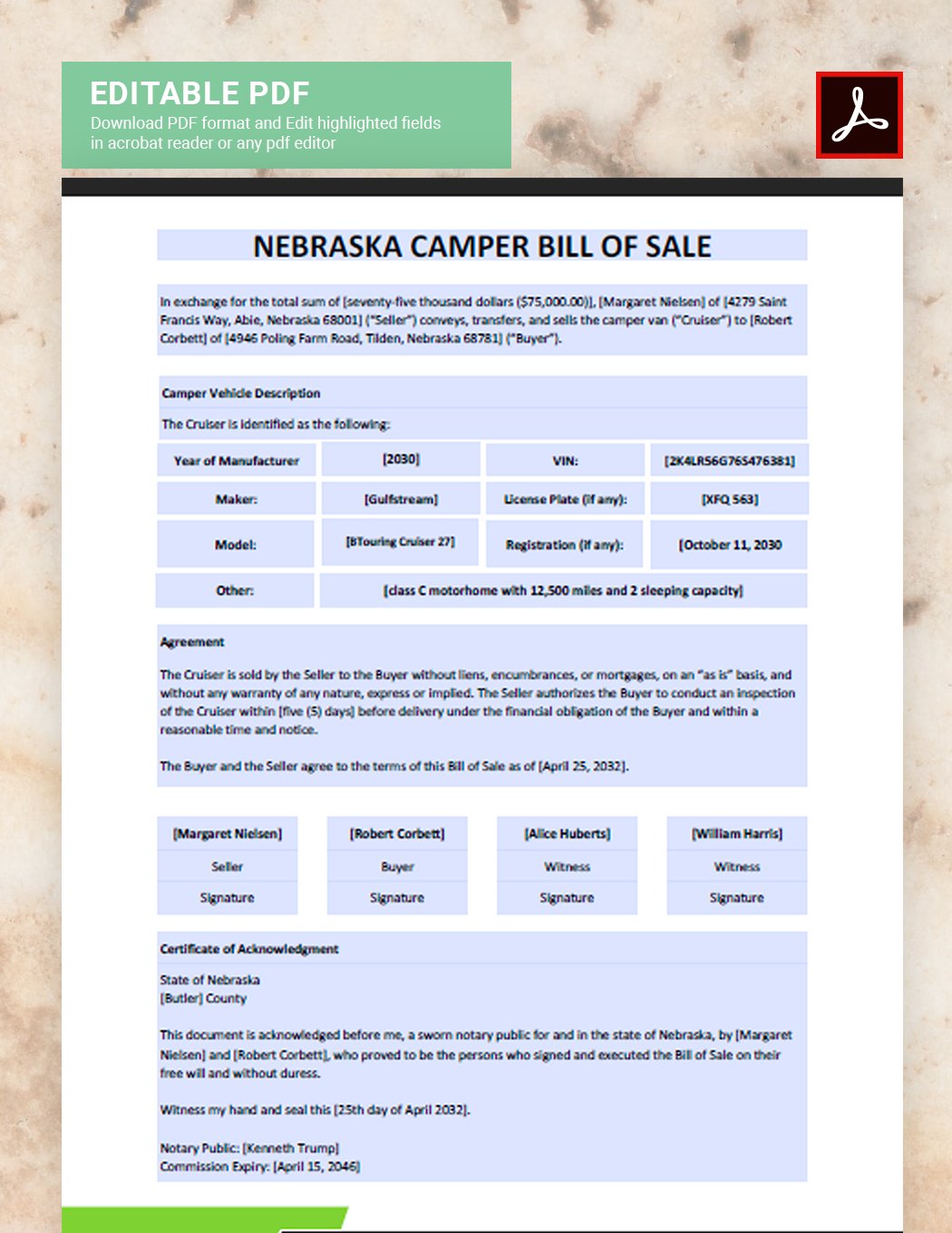 Free Nebraska Camper Bill of Sale Form Template Download in Word