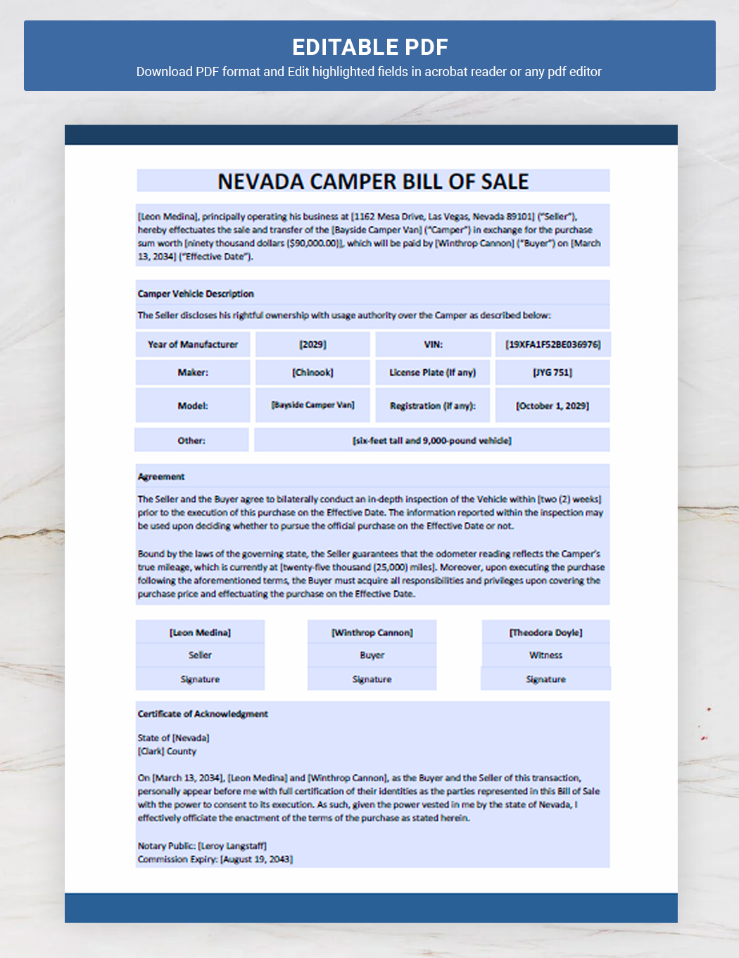 Nevada Camper Bill of Sale Template