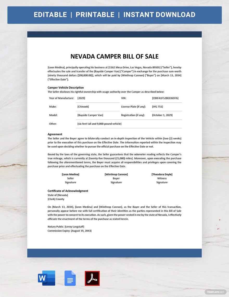 Nevada Camper Bill of Sale Template