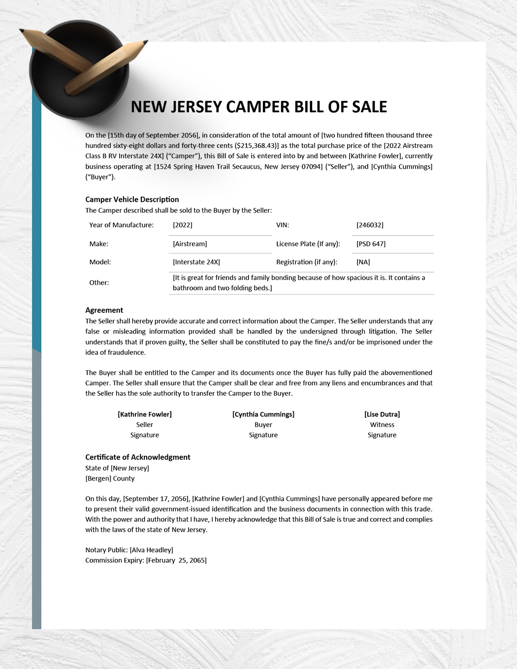 New Jersey Camper Bill of Sale Template