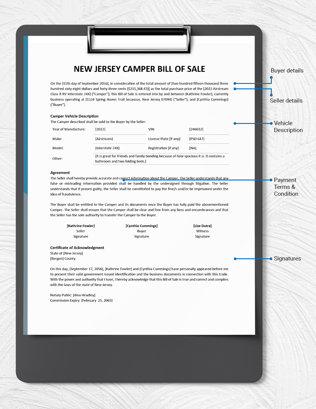 New Jersey Camper Bill of Sale Template