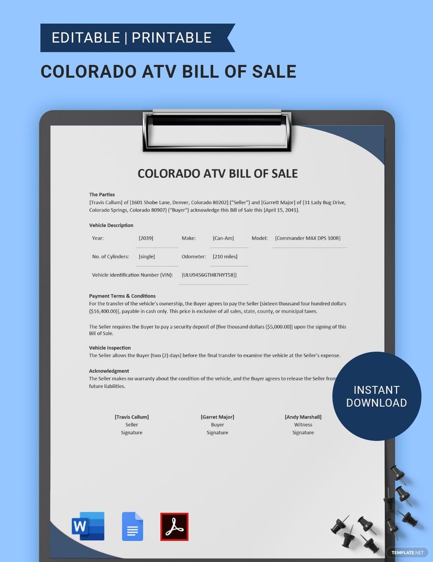 Colorado ATV Bill of Sale Template