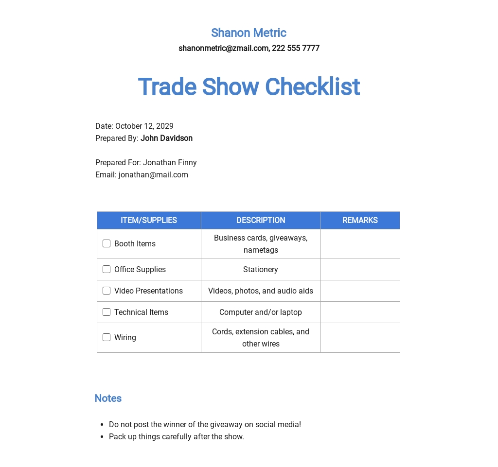Checklist Trade Show Booth Setup Template Word Doc Apple Mac Pages Google Docs