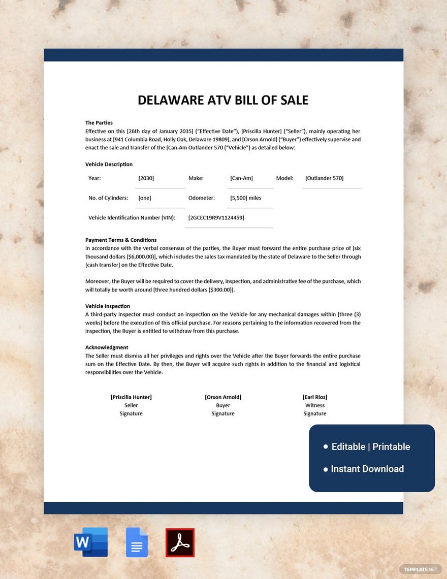 Delaware ATV Bill of Sale Template