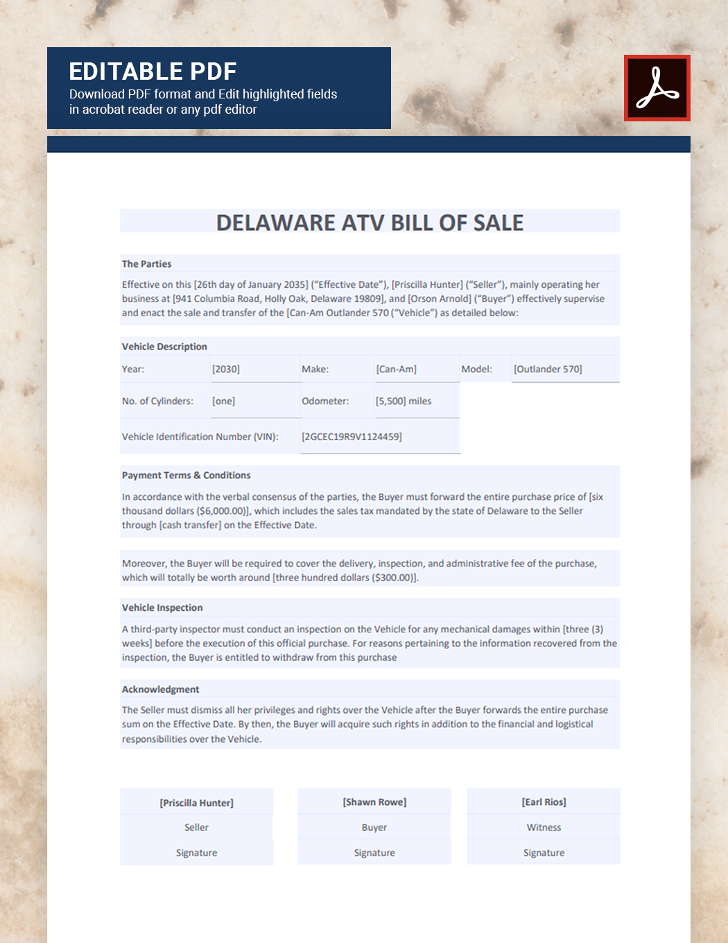 Delaware ATV Bill of Sale Template