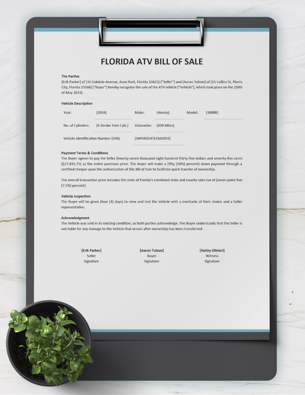 Florida ATV Bill of Sale Template