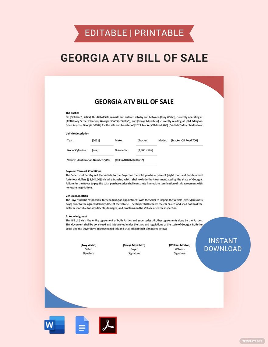 Georgia ATV Bill of Sale Form Template