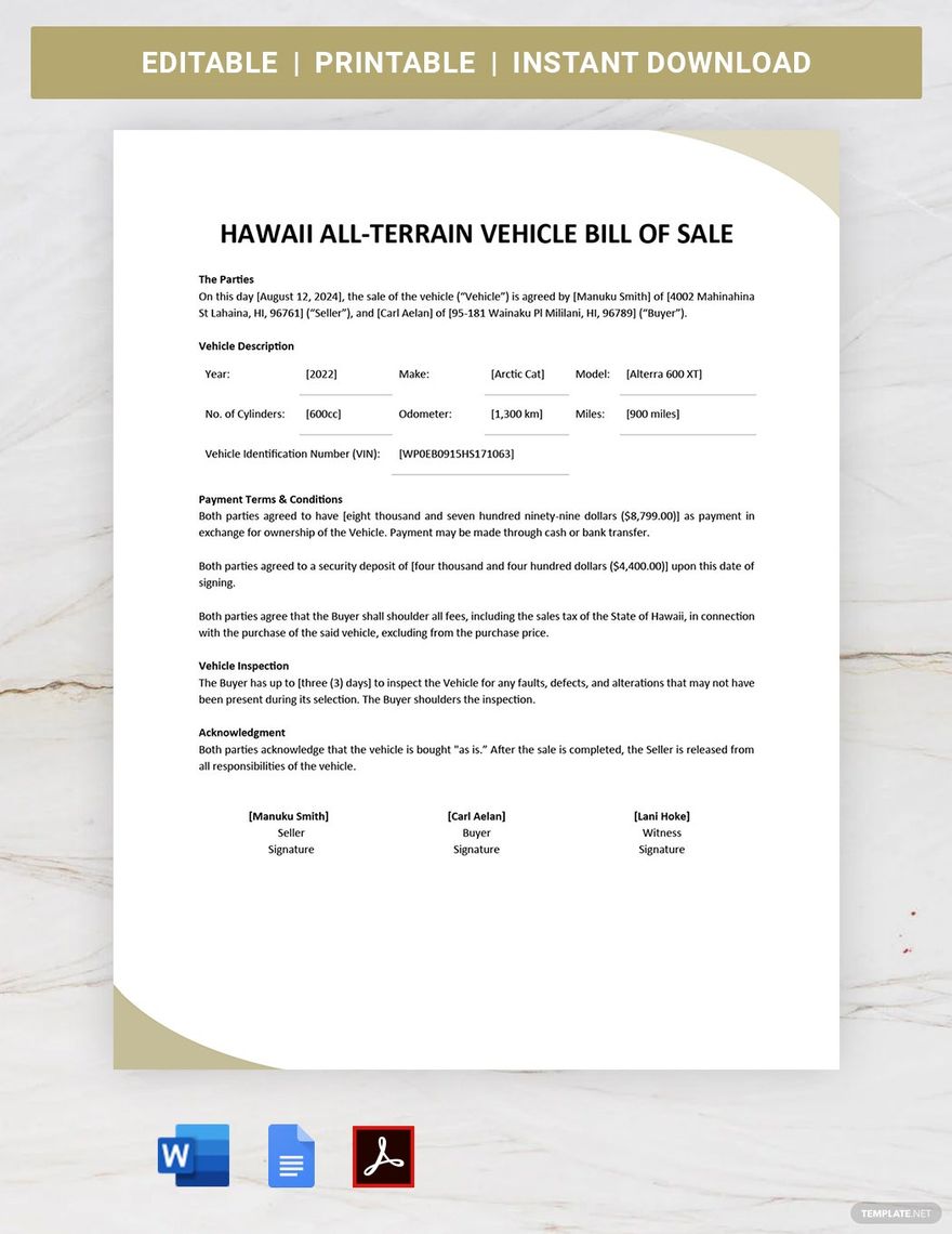 Hawaii ATV Bill of Sale Template