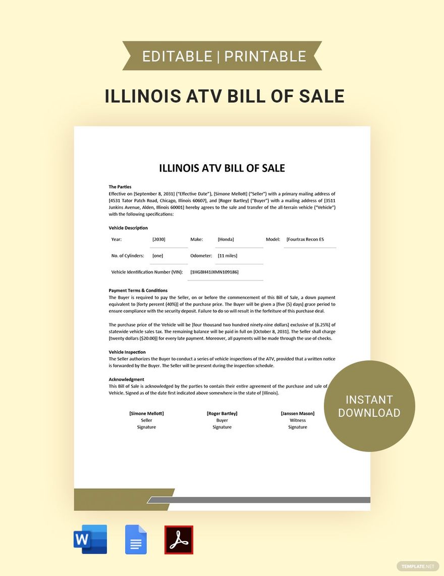 Illinois ATV Bill Of Sale Template