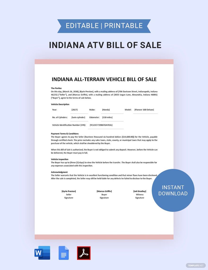 Indiana ATV Bill of Sale Template