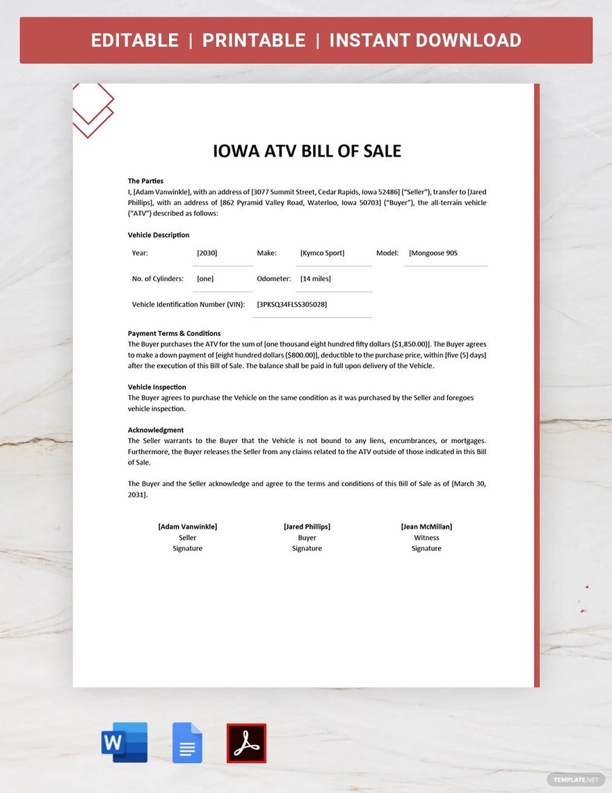 Iowa ATV Bill of Sale Template