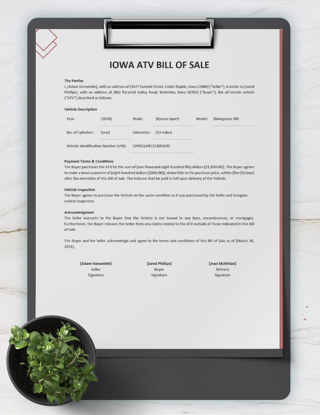 Iowa ATV Bill of Sale Template