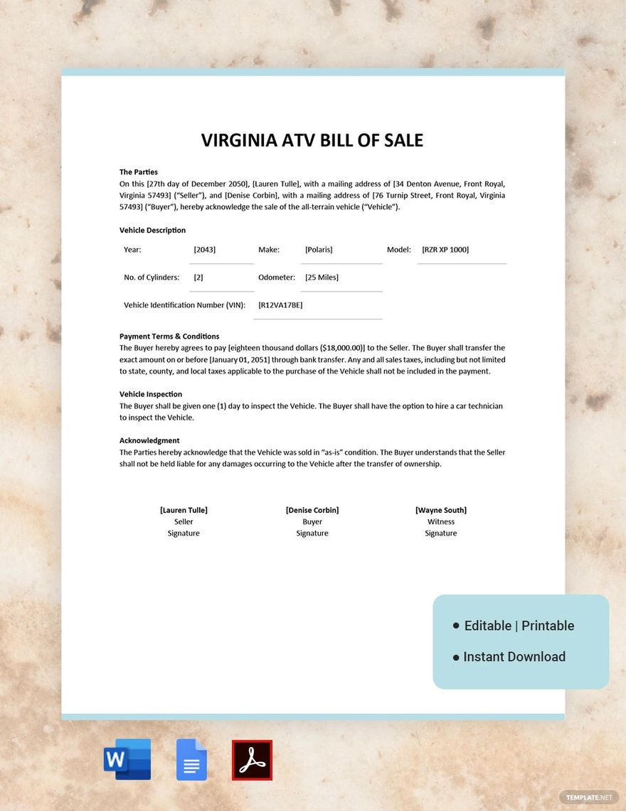 Virginia ATV Bill of Sale Template