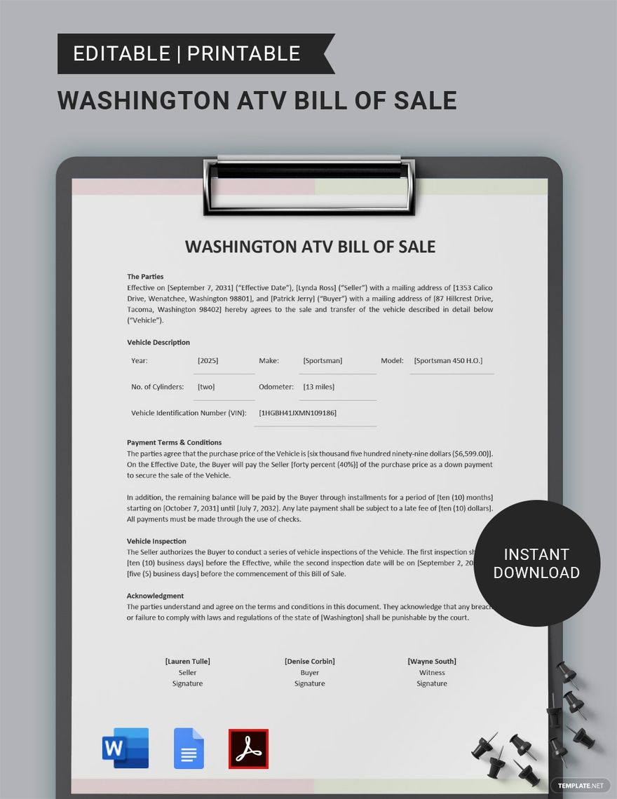 Washington ATV Bill Of Sale Template