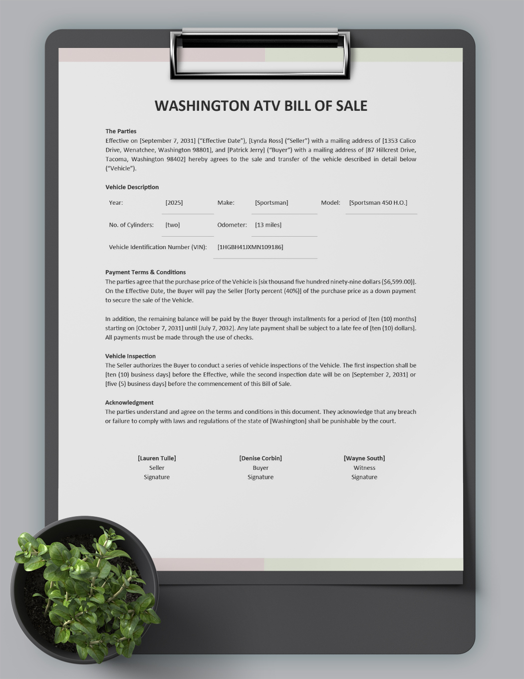 Washington ATV Bill Of Sale Template