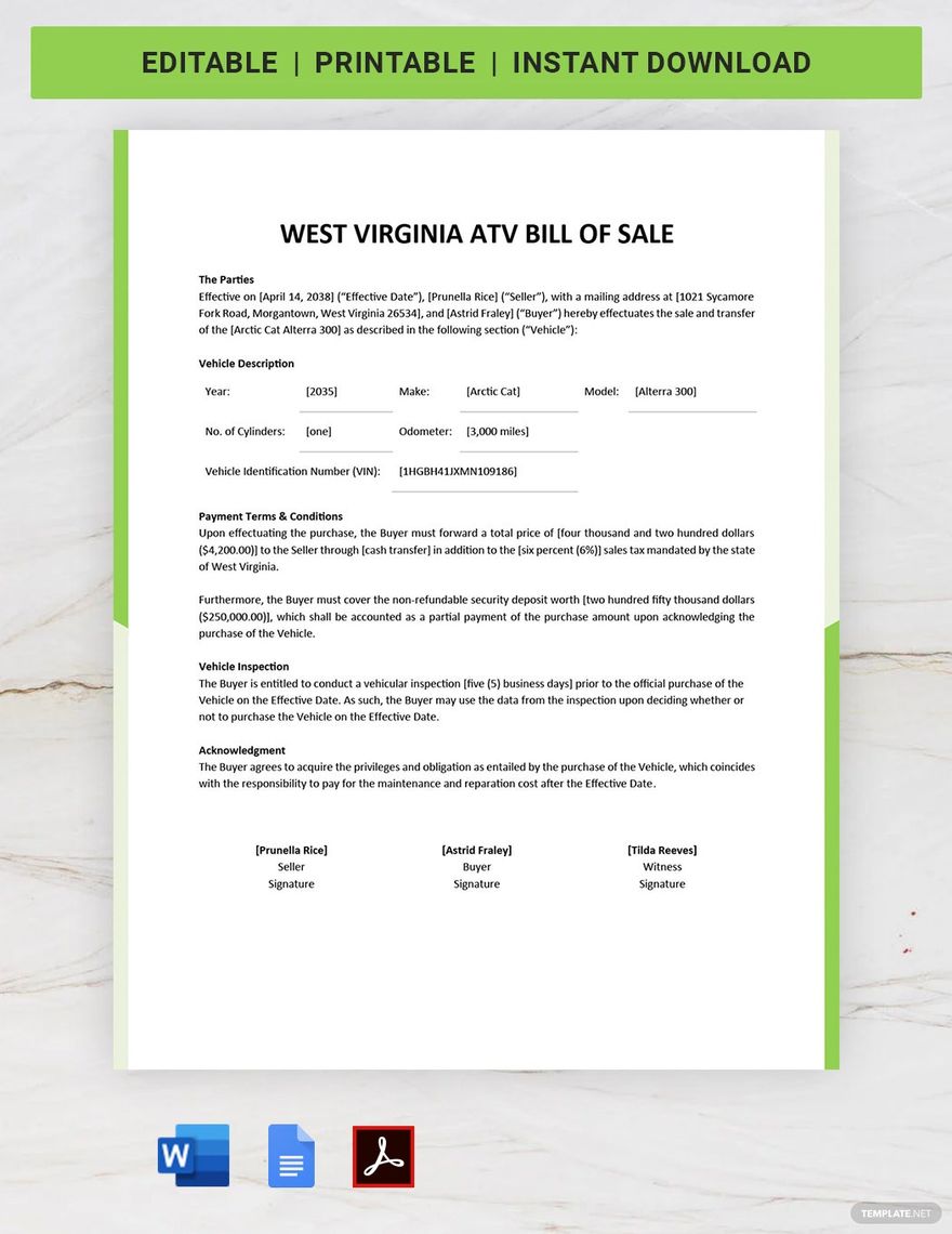 West Virginia ATV Bill of Sale Template