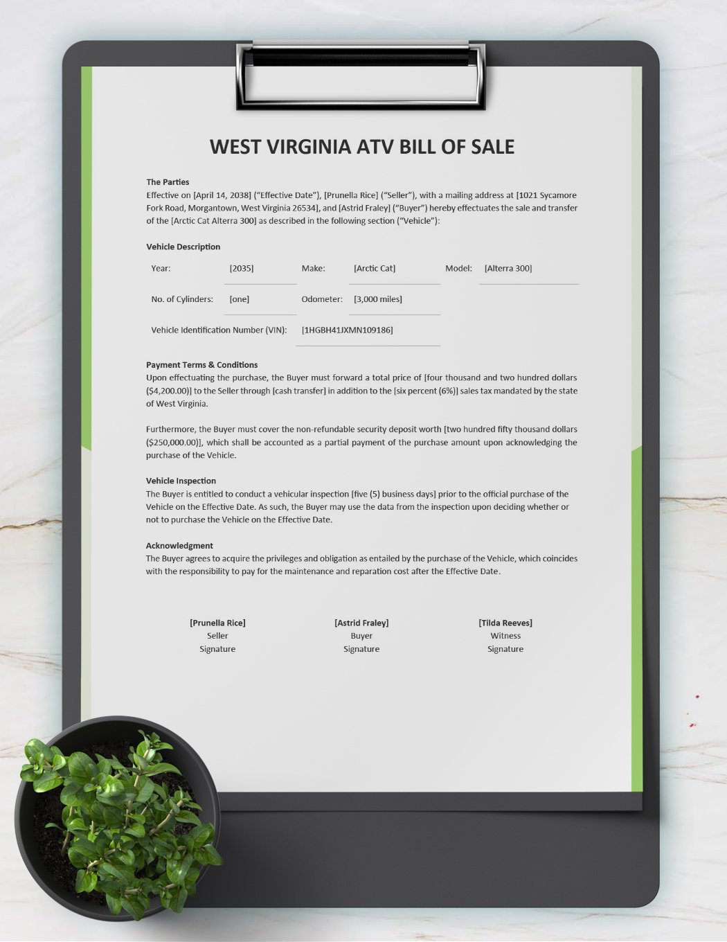 West Virginia ATV Bill of Sale Template