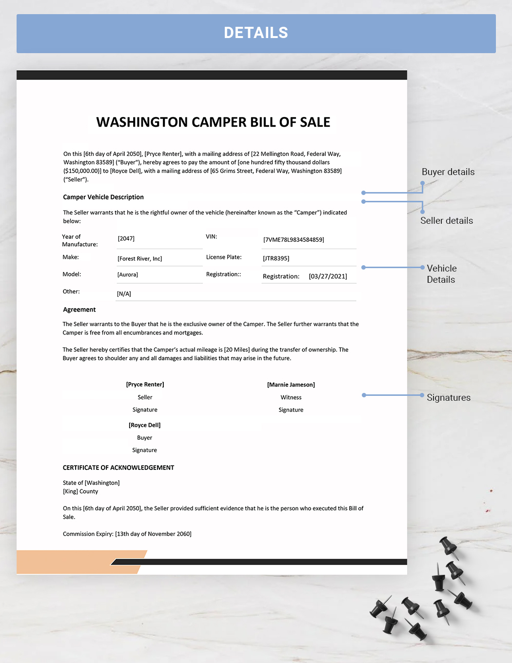 Washington Camper Bill of Sale Template