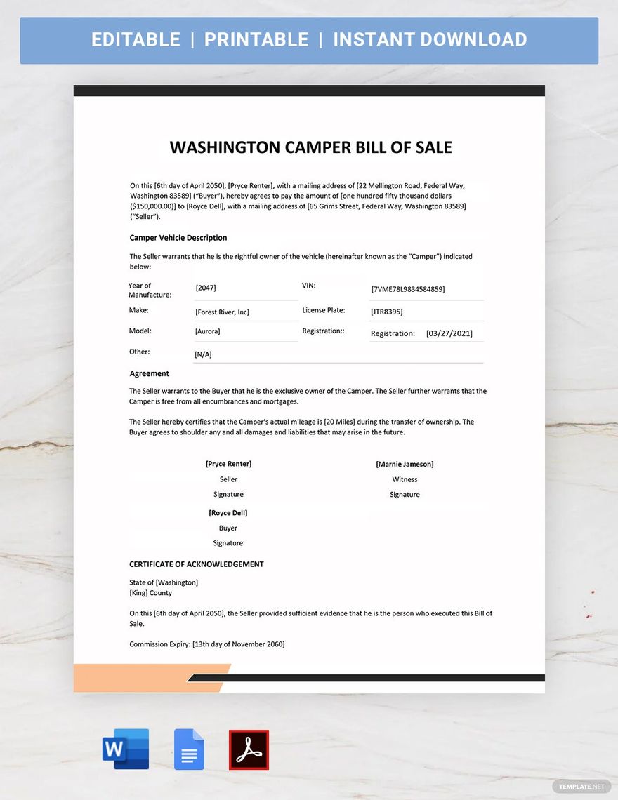 Washington Camper Bill of Sale Template