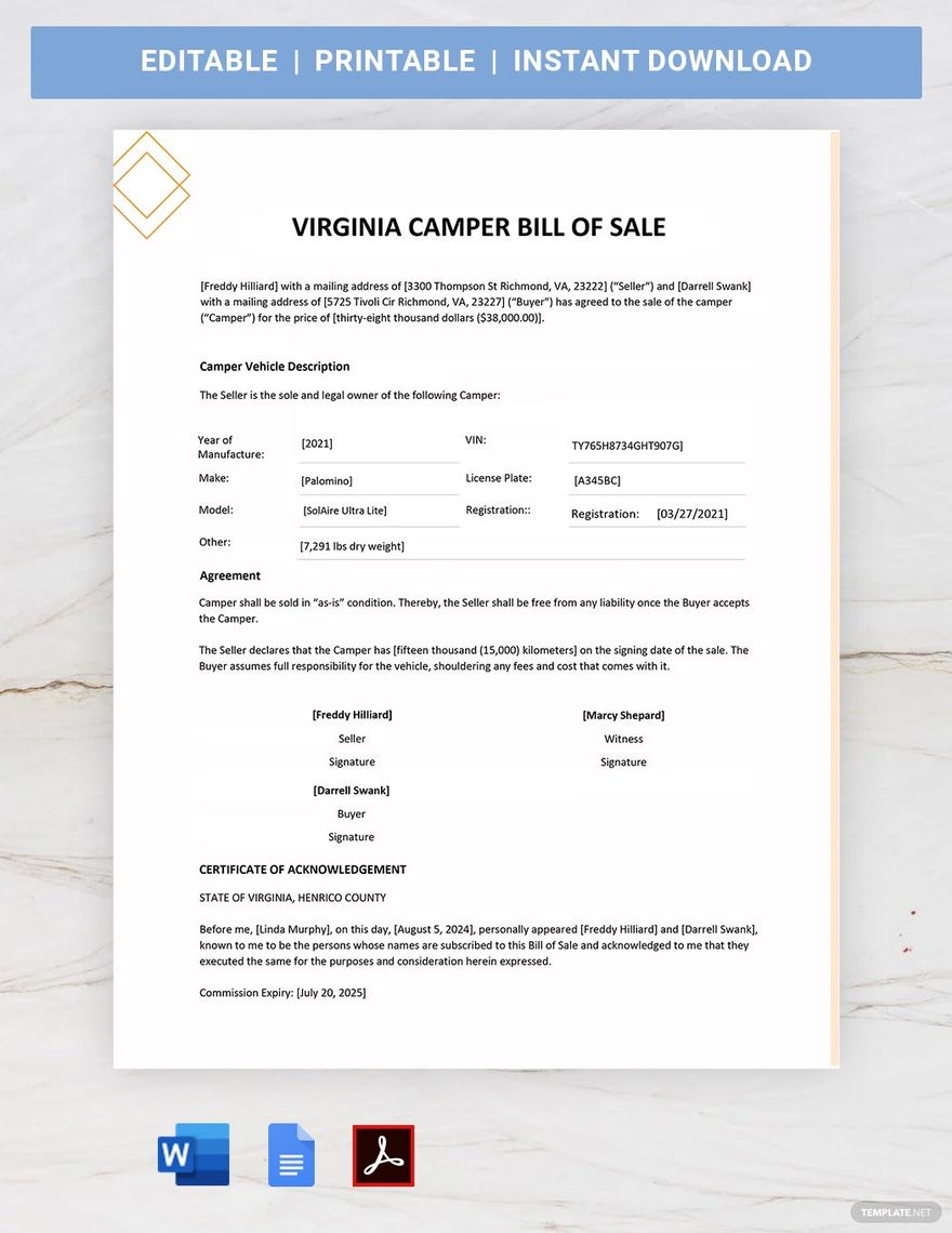 Virginia Camper Bill of Sale Template Word, Google Docs, PDF