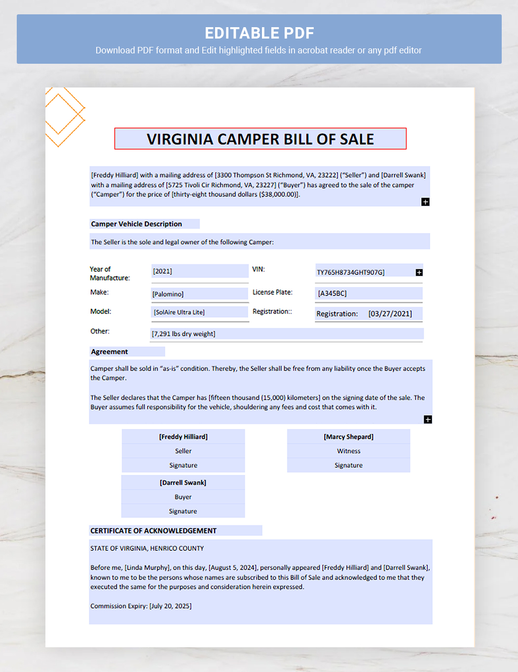 Virginia Camper Bill of Sale Template