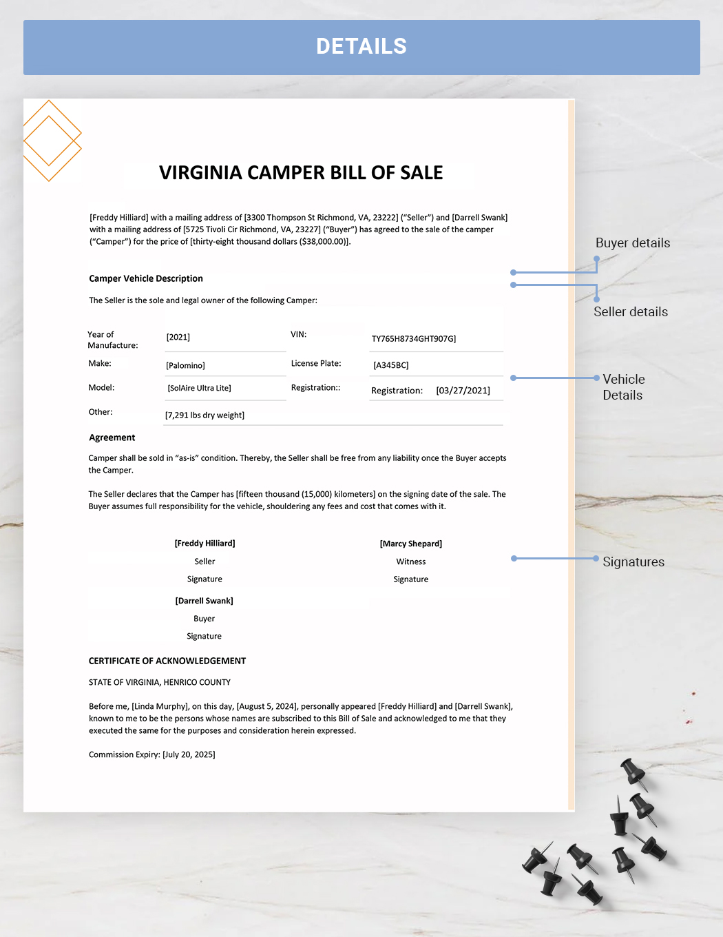 Virginia Camper Bill of Sale Template