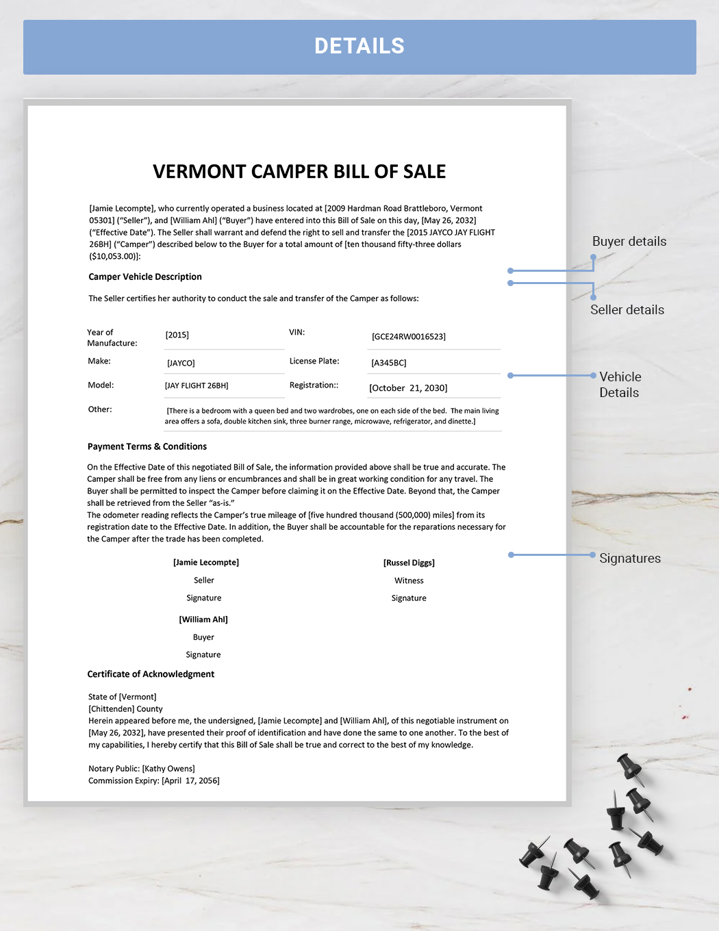 Vermont Camper Bill of Sale Template