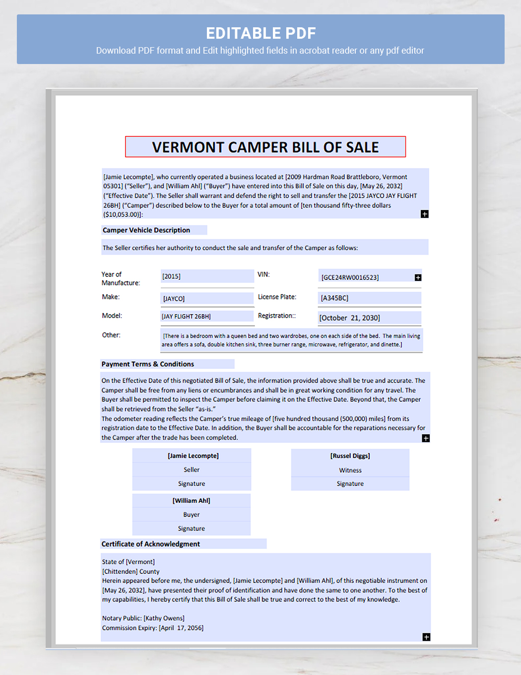 Vermont Camper Bill of Sale Template