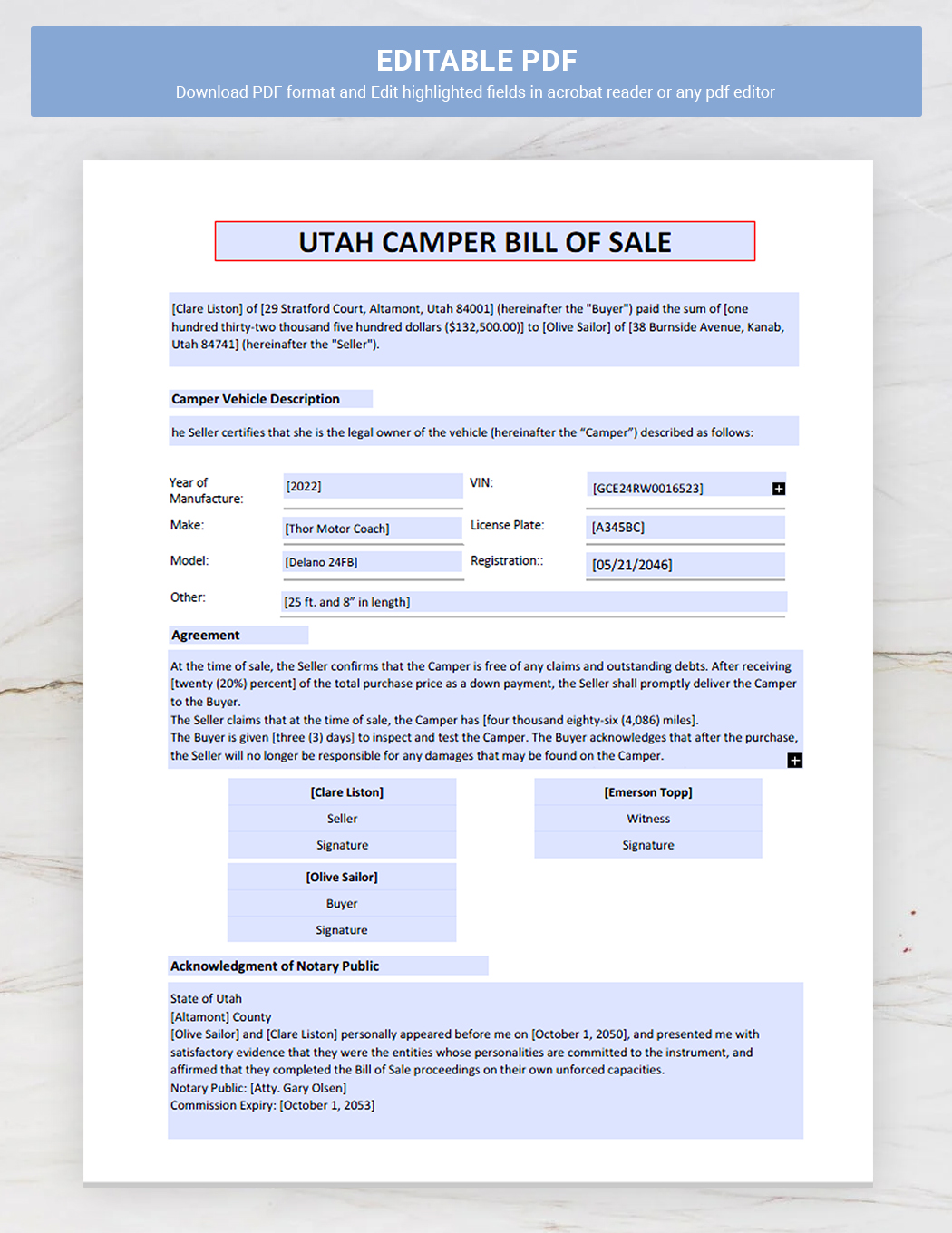 Utah Camper Bill of Sale Template