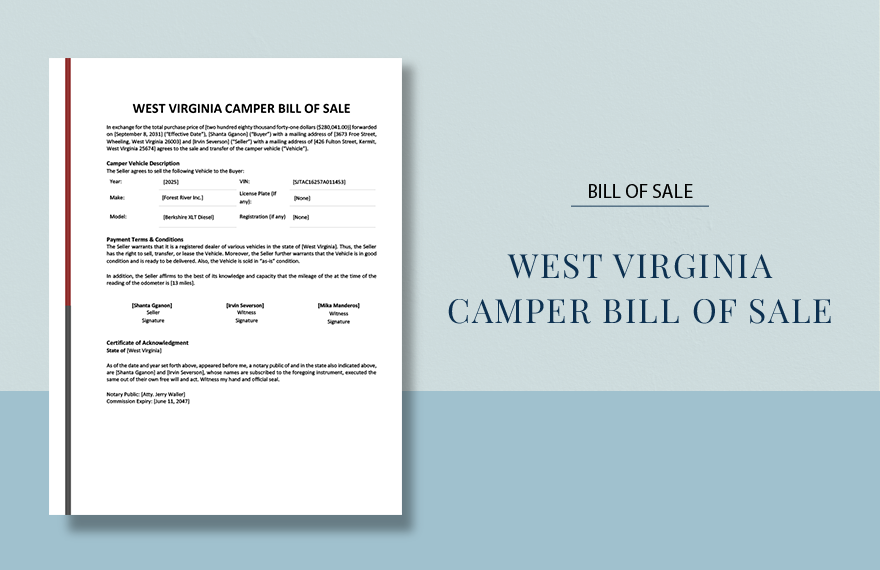 West Virginia Camper Bill Of Sale Template
